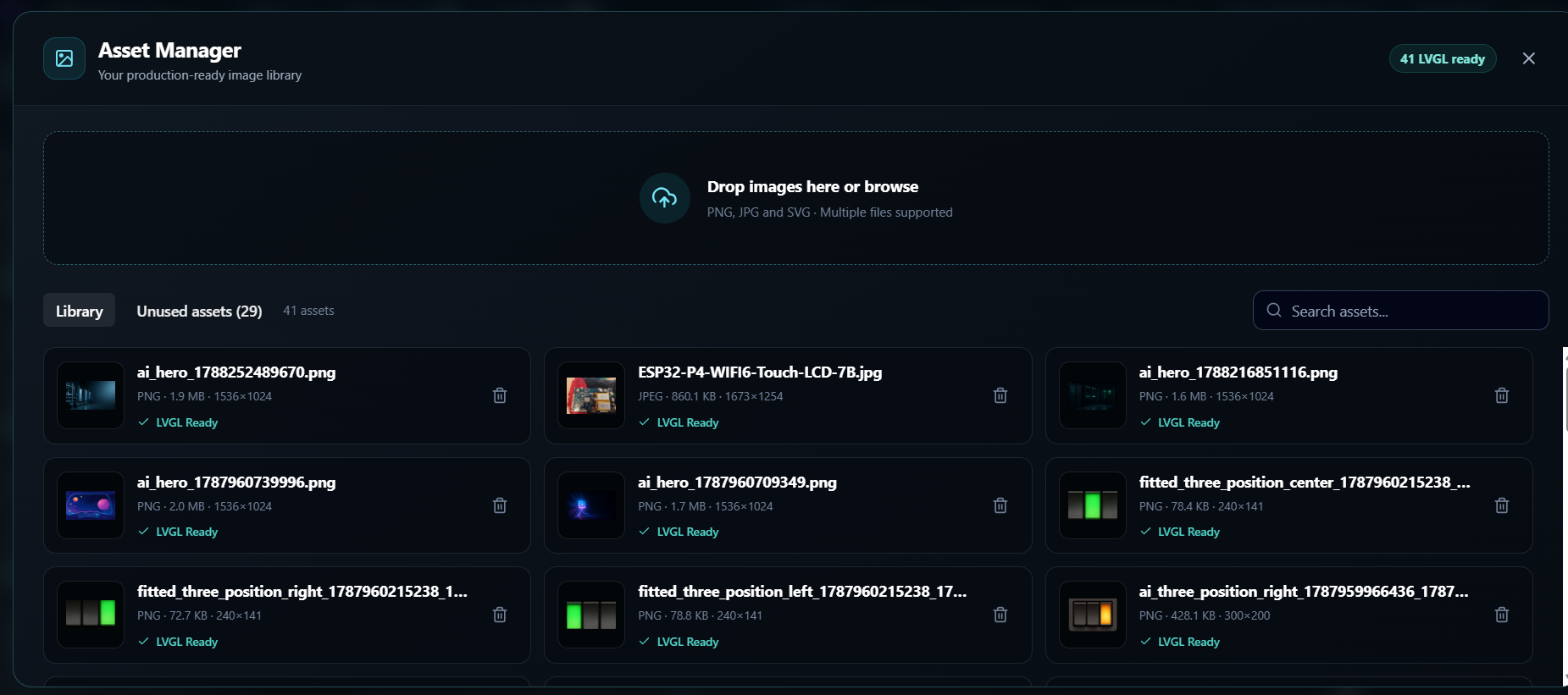 ForgeUI Hosted Asset Manager with image upload area and LVGL-ready asset library
